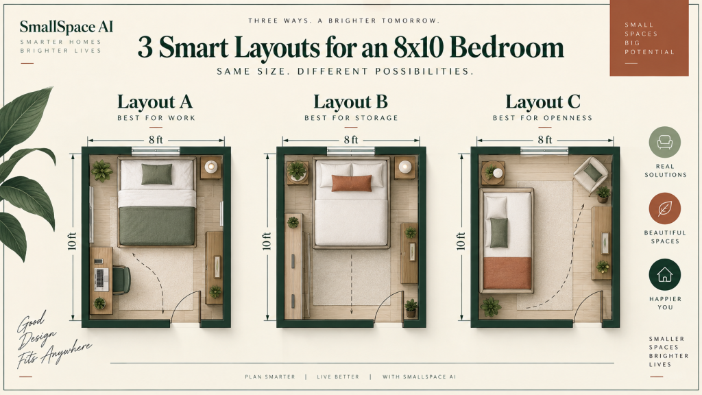 Three measured 8x10 bedroom layout ideas comparing work, storage and open-space floor plans