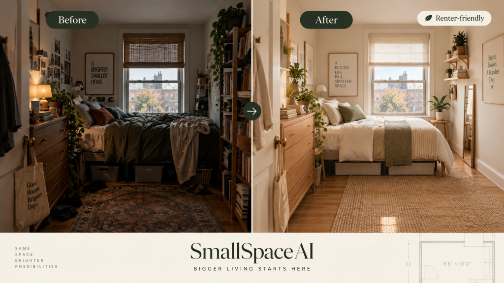 Before and after small bedroom showing how renter-friendly layout, light and furniture changes make the room feel bigger