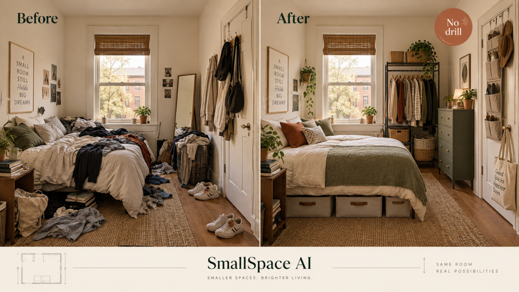 Before and after small bedroom with no closet showing renter-friendly freestanding storage and under-bed organization