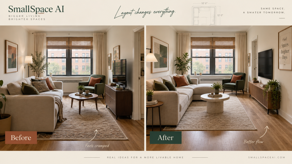 Before and after small living room layout with sofa and TV showing improved circulation and furniture placement