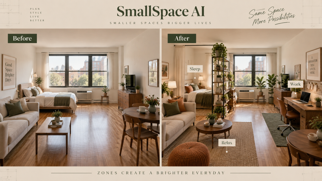 Before and after studio apartment showing separate sleep, work and relax zones in one renter-friendly room