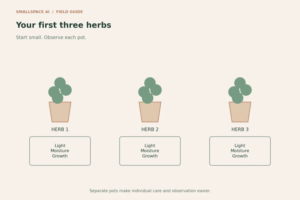 Explanatory diagram: your first three herbs. Start small. Observe each pot.