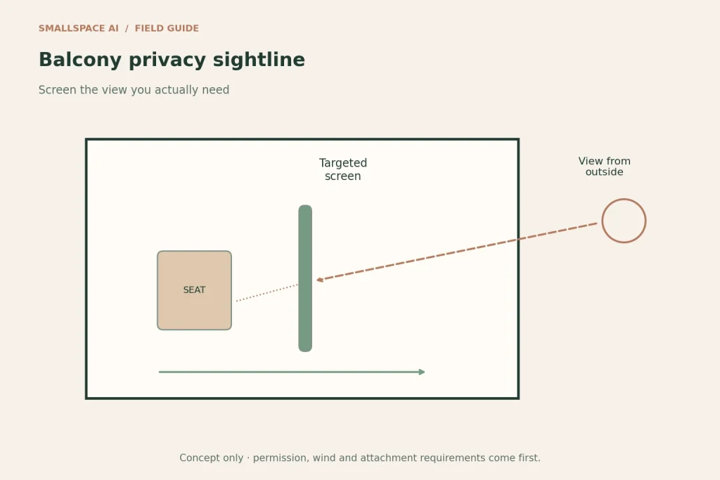 Explanatory diagram: balcony privacy sightline. Screen the view you actually need.