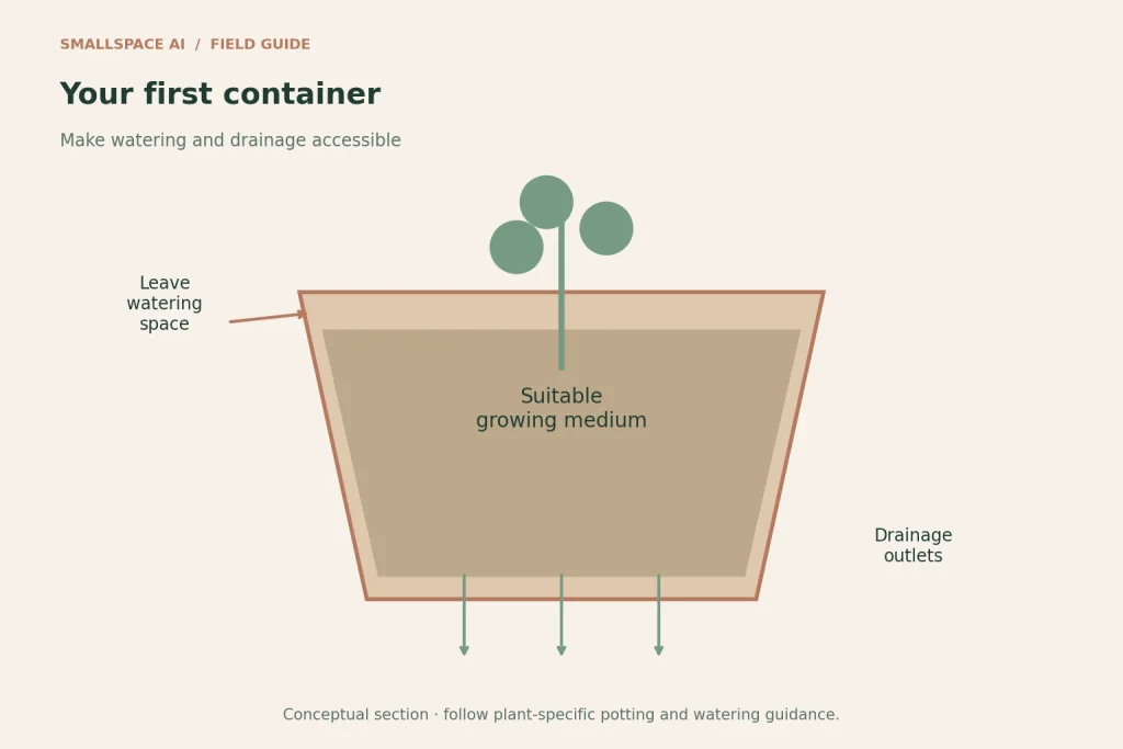 Explanatory diagram: your first container. Make watering and drainage accessible.
