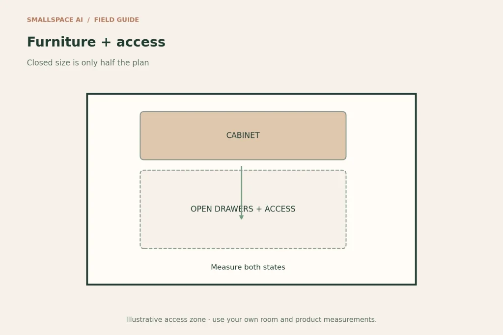 Explanatory diagram: furniture + access. Closed size is only half the plan.