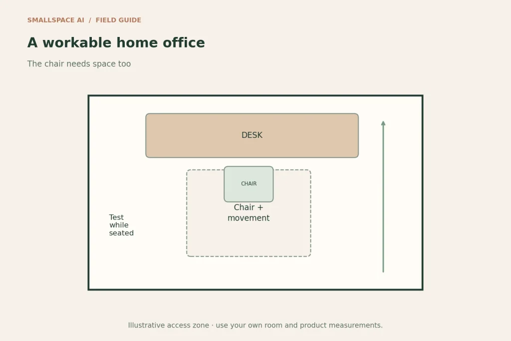 Explanatory diagram: a workable home office. The chair needs space too.
