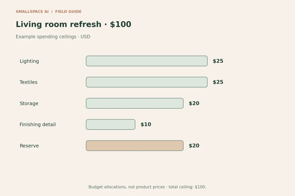 Explanatory diagram: living room refresh · $100. Example spending ceilings · USD.
