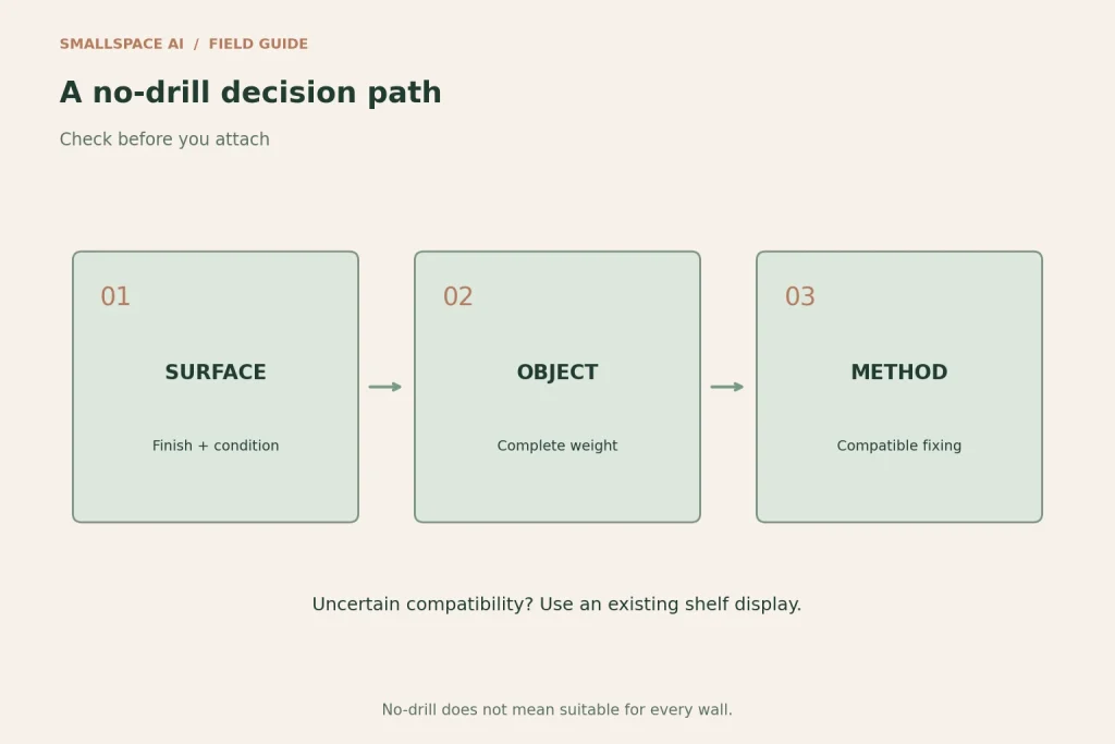 Explanatory diagram: a no-drill decision path. Check before you attach.