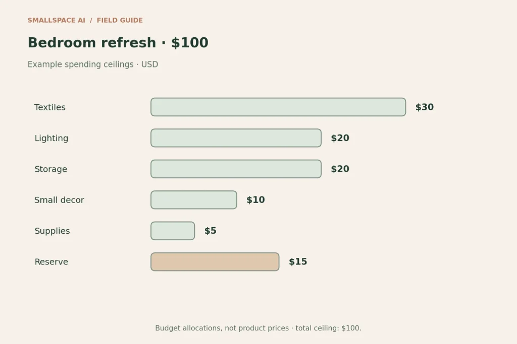 Explanatory diagram: bedroom refresh · $100. Example spending ceilings · USD.