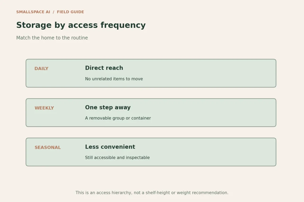Explanatory diagram: storage by access frequency. Match the home to the routine.