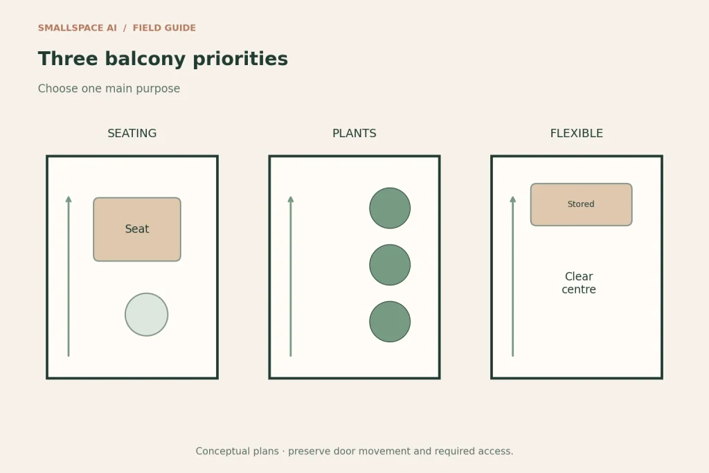 Explanatory diagram: three balcony priorities. Choose one main purpose.