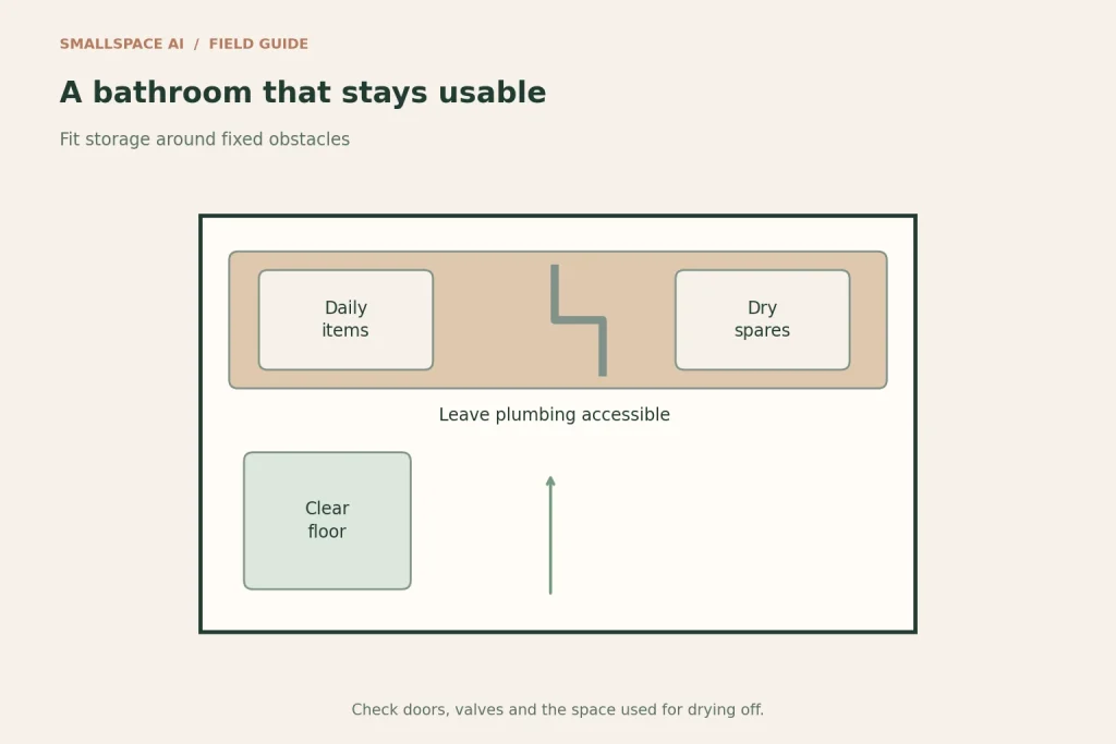 Explanatory diagram: a bathroom that stays usable. Fit storage around fixed obstacles.