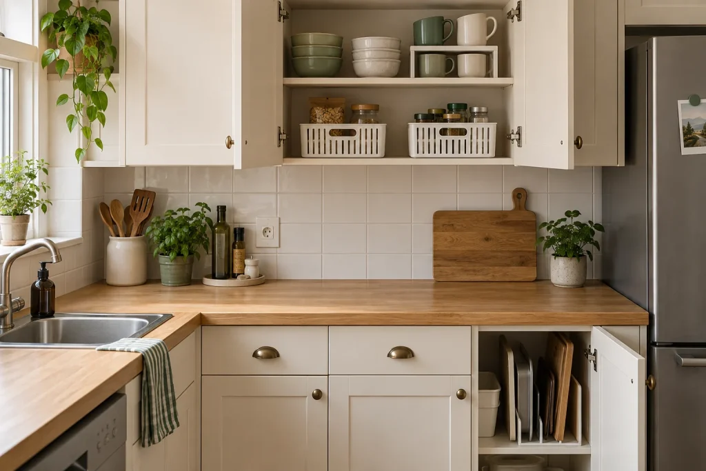 Compact kitchen with a freestanding shelf riser, removable ingredient baskets and vertical board storage.