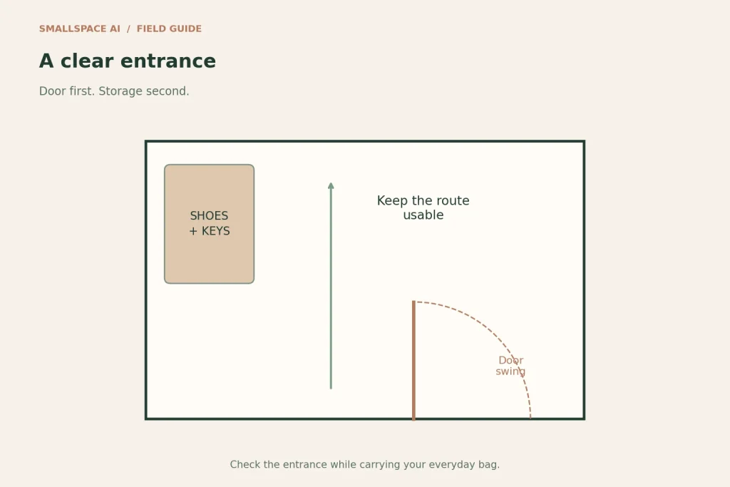 Explanatory diagram: a clear entrance. Door first. Storage second.