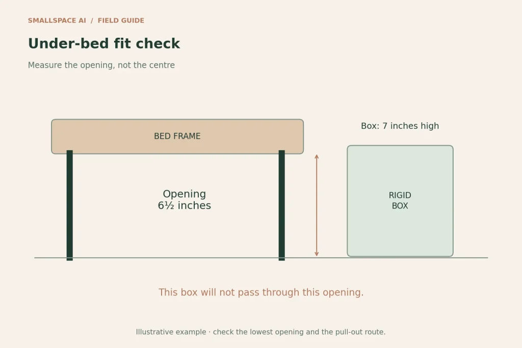 Explanatory diagram: under-bed fit check. Measure the opening, not the centre.